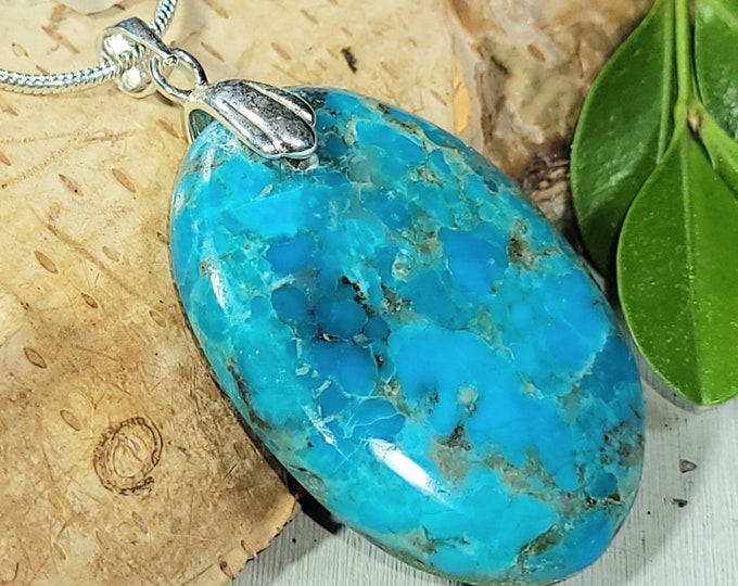 Natural High Quality Kingman Turquoise Oval Cabochon .925 Sterling Silver Pendant 1 7/8" x 1" CA39 Solid Sterling Silver Rhodium Bail