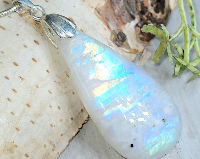Moonstone Pendant, Rainbow Moonstone Pear Cabochon Sterling Silver Pendant, Multi Color Flash, Gift for Her, Handmade Pendant, GS20