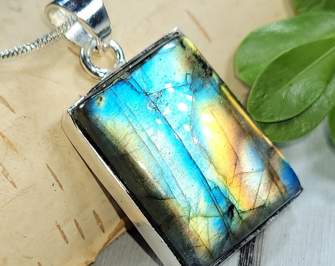 Natural High Grade Multi Flash Labradorite Rectangle .925 Sterling Silver Pendant 1 3/8" x 3/4" 9 Grams CM19 Gift for Her