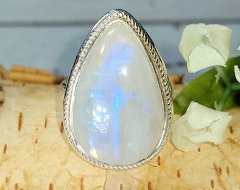 Rainbow Moonstone Ring, Moonstone Ring, Moonstone Sterling Silver Ring, Handmade Moonstone Ring Size 8, Statement Ring, Gift for Her DC