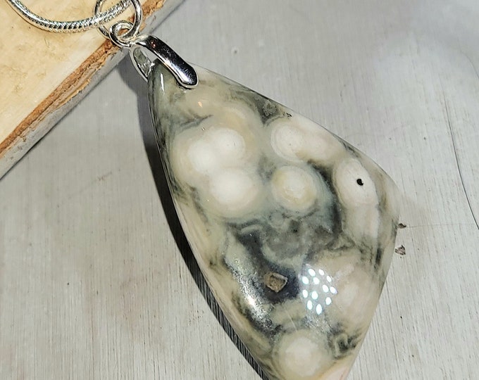 Natural AA Ocean Jasper Freeform Cabochon .925 Sterling Silver Pendant 2" x 1" EH14 Sterling Silver Bail