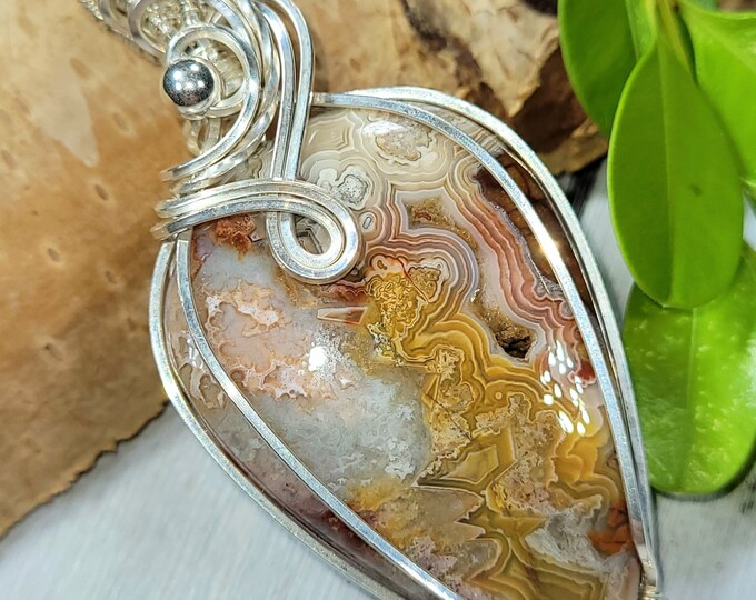 Natural Crazy Lace Agate Pear Wire Wrapped .925 Silver Pendant, Sterling Silver Wire Wrapped Pendants, Handmade Stone Jewelry FE14
