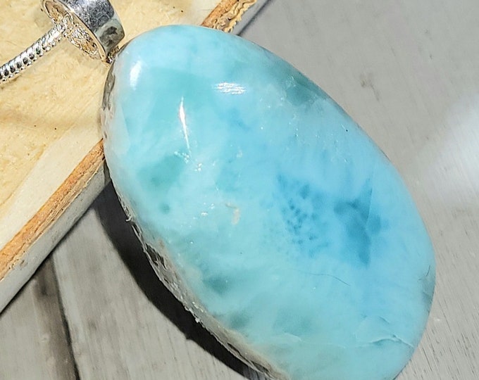 Natural Dominican Larimar Cabochon .925 Sterling Silver Pendant 1 1/2" x 3/4" 9 Grams EH18 Sterling Silver Glue Bail