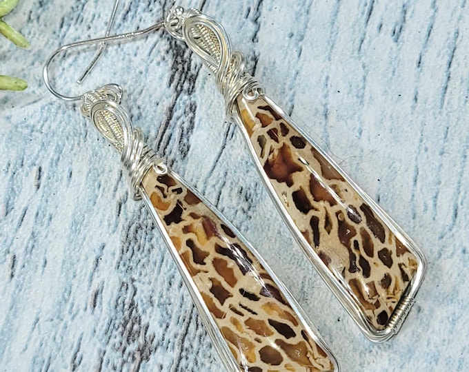 Palmwood Jasper Sterling Silver Wire Wrapped Earrings, Palmwood Jasper Earrings, Hand Wire Wrapped Jasper Earrings, Statement Earring, JG02