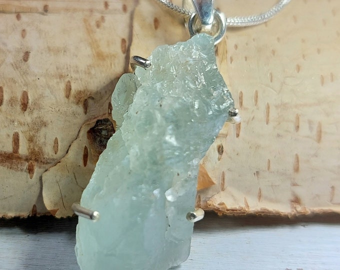 Natural Genuine Raw Aquamarine Rough Cut Handcrafted  .925 Sterling Silver Pendant 1 3/4" X 7/8", 8 Grams GC57