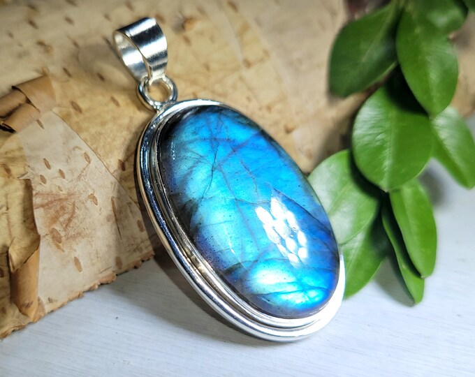 Natural Premium Grade Blue Flash Labradorite Oval .925 Sterling Silver Pendant 1 3/4" x 7/8" 10 Grams CO32 Gift for Her