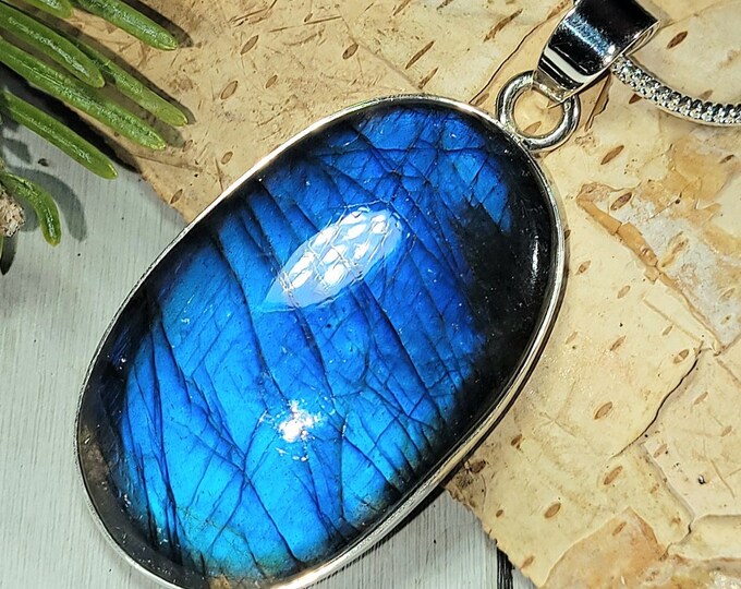 Natural AAA Grade Blue Labradorite Oval Handmade .925 Sterling Silver Pendant 2" x  1" 15 Grams AK27