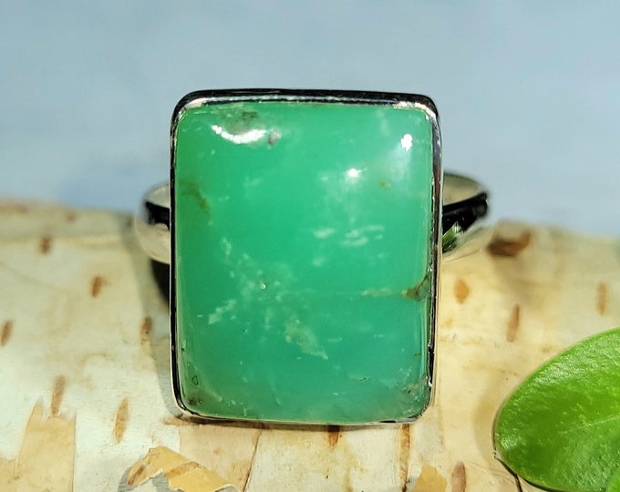 Natural High Grade Green Chrysoprase Rectangle .925 Sterling Silver Ring Size 6 4 Grams 5/8" x 1/2" EY42
