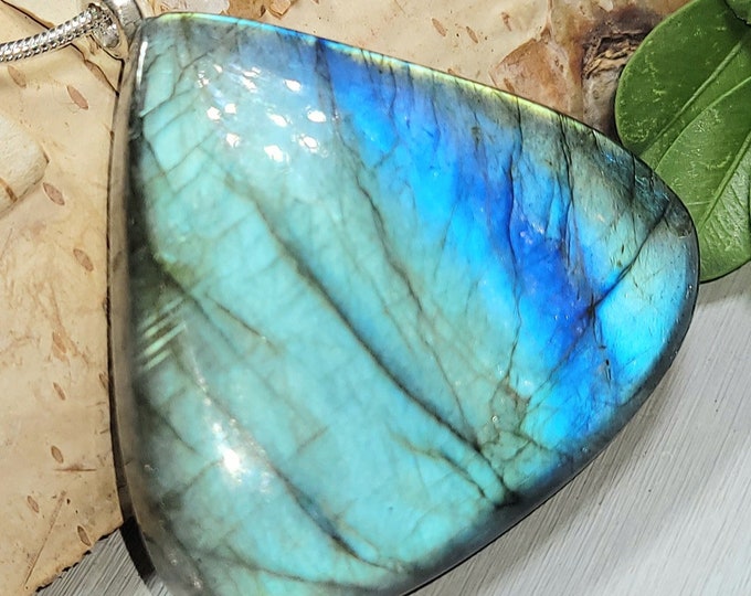 Natural AAA Full-Flash Labradorite Oval Cabochon .925 Sterling Silver Pendant  1 5/8" x 1 1/2" EY10 Sterling Silver Glue Dot Bail