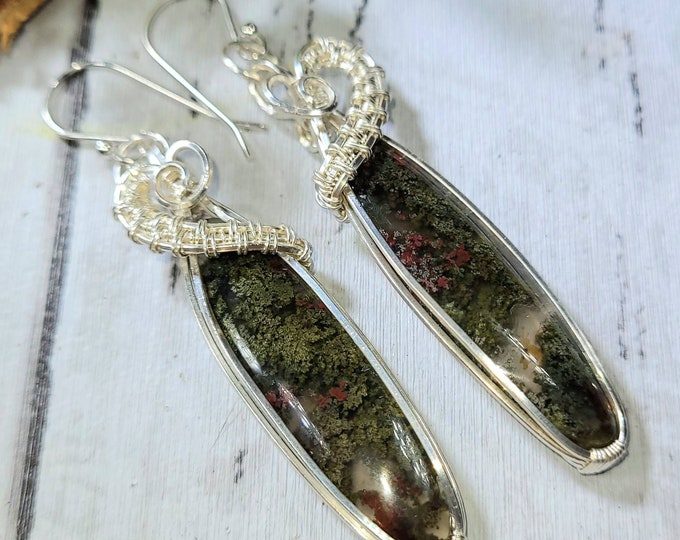 Moss Agate Earrings, Moss Agate Wire Wrapped Earrings, Sterling Silver Wire Wrapped Earrings, Green Moss Agate Wire Wrap Earrings DG
