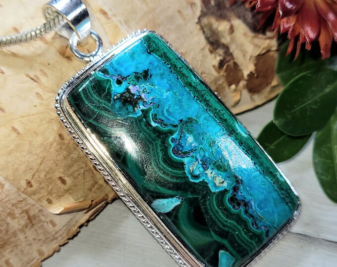 Natural AAA Malachite Chrysocolla Handmade Rectangle .925 Sterling Silver Pendant Weighs 17 Grams Measures 2 1/8" x 1" CT25 Gift For Her