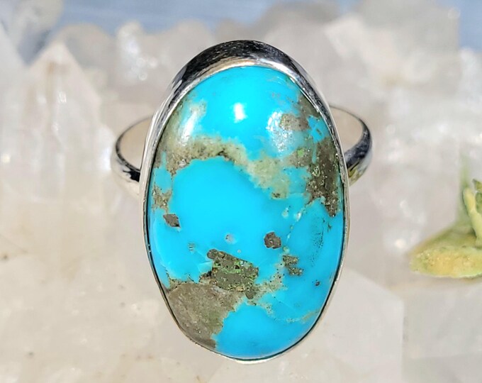 Arizona Turquoise Sterling Silver Ring Size 9, Oval Arizona Turquoise Ring; JS