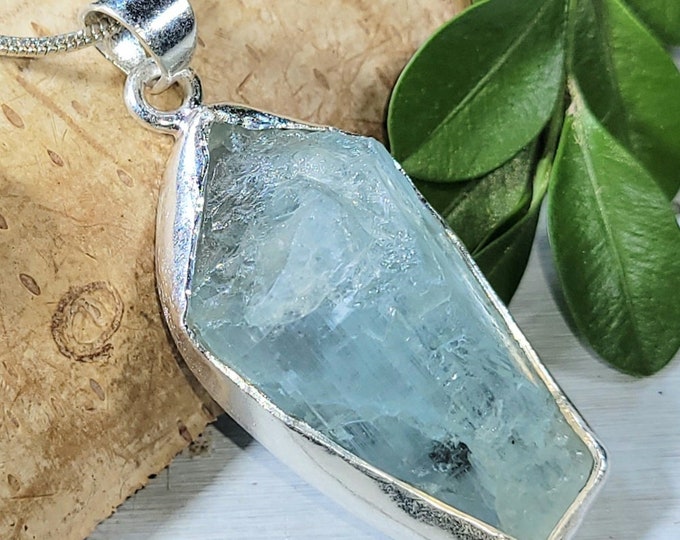Natural Genuine Raw Aquamarine Rough Cut Handcrafted  .925 Sterling Silver Pendant Gift for Her Natural Genuine Aquamarine Stone Handcrafted
