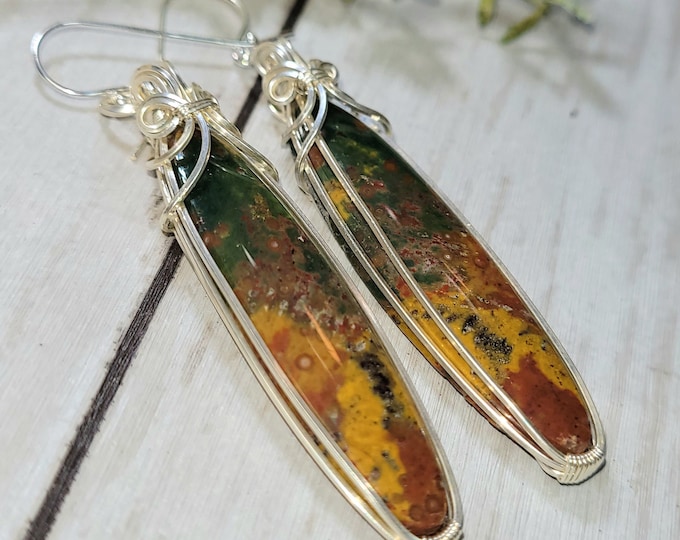 Multi Color Opalized Earrings, Opalized Sterling Silver Wire Wrapped Earrings, Petrified Wood Earrings, Handmade Earrings, Gift for Her GS44