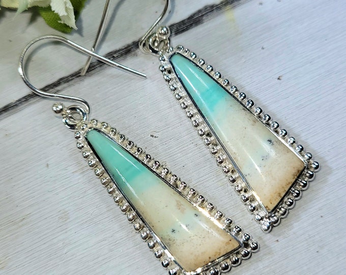 Blue Opal Earrings, Petrified Wood Earrings, .925 Sterling Silver Blue Opalized Petrified Earrings, Sterling Silver Blue Opal earrings