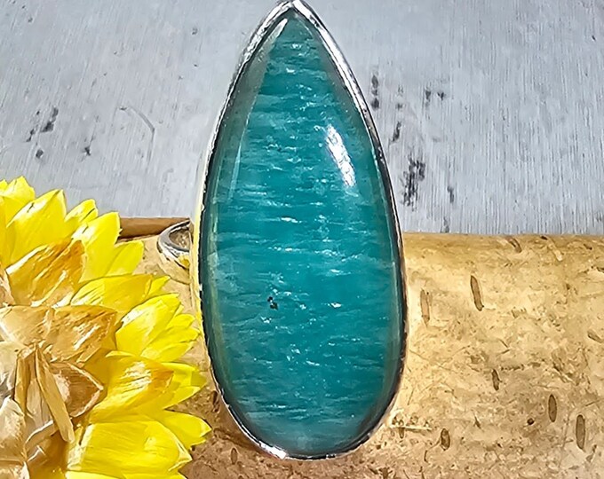 Amazonite Sterling Silver Ring Size 7 Gift for Her, Handmade Ring, Statement Ring FV01