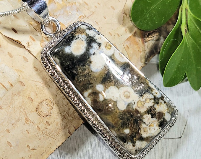 Natural AA Ocean Jasper Handmade .925 Sterling Silver Pendant 1 7/8" x 13/16" 11 Grams AB23