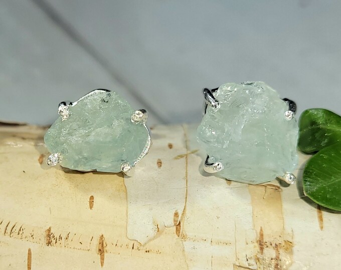 Natural Raw Rough Cut Aquamarine Handmade .925 Sterling Silver Stud Earrings 5 Grams Friction Back Stops Mother's Day Gift