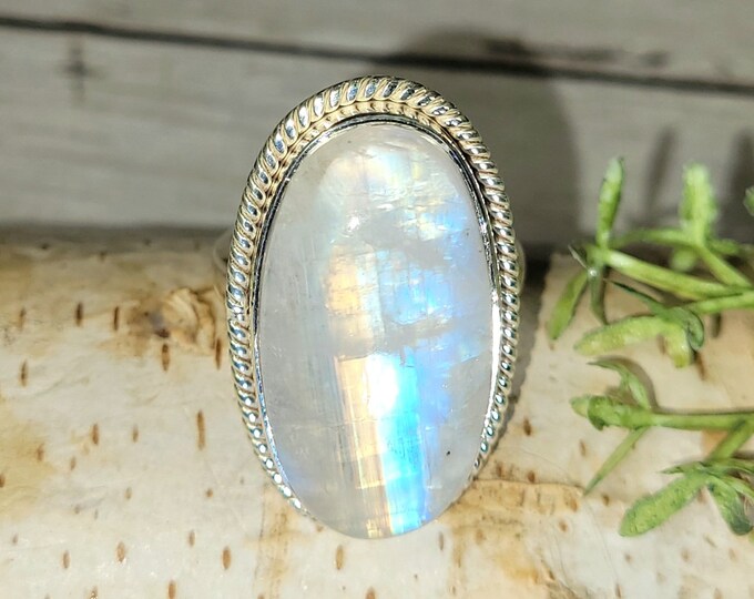 Moonstone Ring, Rainbow Moonstone Sterling Silver Ring, Premium Grade Moonstone Ring, Size 9, Statement Ring, Handmade Ring, GJ