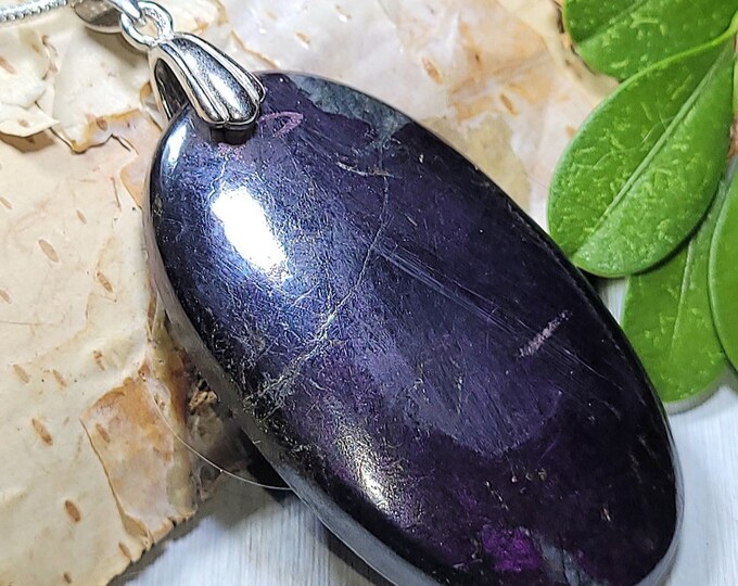 Natural Deep Purple Purpurite Oval Cabochon .925 Sterling Silver Pendant 2" x 7/8" EZ31 Sterling Silver Rhodium Plated Bail