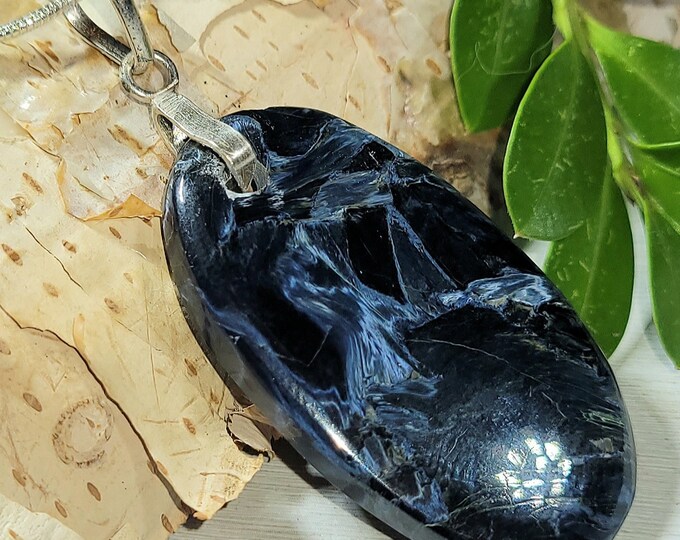 Natural Top Grade Blue Marble Pietersite Cabochon  .925 Sterling Silver Pendant 2 1/8" x 7/8" EE08 Sterling Silver Heavy Duty Bail