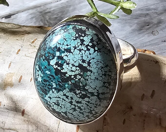 Tibetan Turquoise Sterling Silver Ring, Turquoise Boho Ring, Statement Ring; Handmade Ring, Premium Tibet Turquoise,Quality Ring Size 8