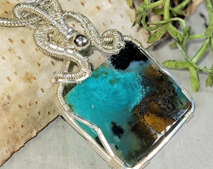 Blue Opalized Wood Pendant, Blue Petrified Wood Wire Wrapped Sterling Silver Pendant, Hand Wrapped Pendant, Gift for Her, HC17