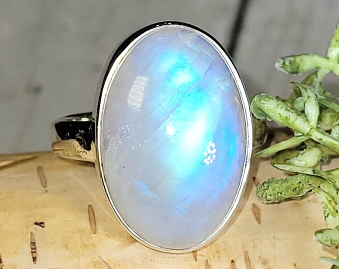 Rainbow Moonstone Ring, Moonstone Ring, Rainbow Moonstone Sterling Silver Ring Size 7.5 SILVER Statement Ring, Handmade Ring, Boho Ring HN