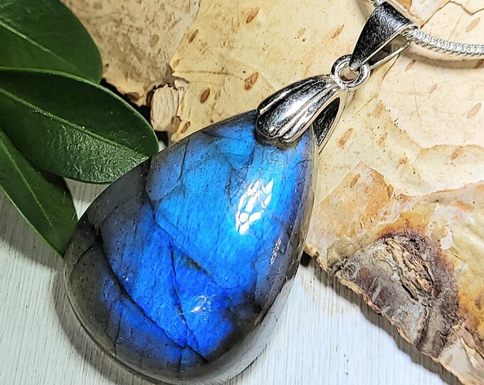 Natural AAA Blue Flash Labradorite Cabochon .925 Sterling Silver Pendant 1 7/16" x 3/4"  AE03 Solid Sterling Silver Rhodium Plated Bail