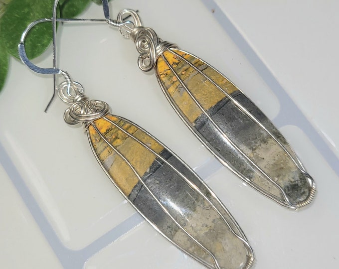 Bumblebee Jasper Earrings, Bumblebee Jasper Sterling Silver Wire Wrapped Earrings, Handmade Jasper Earrings, Gift for Her, GD04