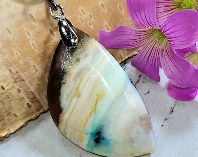 Blue Opalized Pendant, Blue Opalized Freeform Sterling Silver Pendant, Blue Petrified Wood Pendant, Handmade Pendant, Gife for Her, FA34