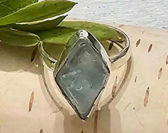 Natural Raw Rough Cut Aquamarine Handmade .925 Sterling Silver Ring Size 6 1/2 4.5 Grams 3/4" x 1/2" FW39