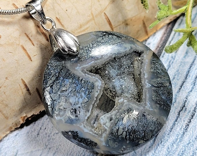 Handmade Marcasite Pocket Druzy Sterling Silver Pendant; Marcasite Druzy Round Pendant; KA