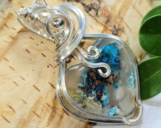 Natural Chalcedony, Copper Chrysocolla Heart Wire Wrapped .925 Silver Pendant, Sterling Silver Hand Wire Wrapped Pendants, Handmade DP10