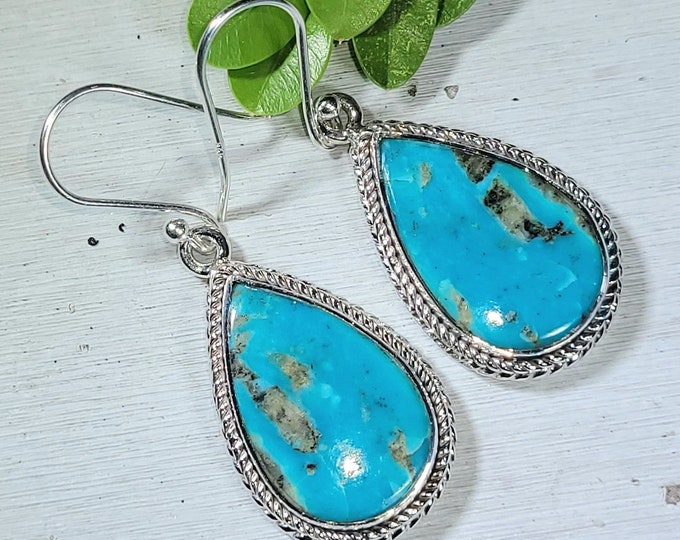 Natural Premium Grade Arizona Kingman Turquoise Pear Handmade .925 Sterling Silver Earrings 9 Grams 1 5/8" x 5/8" CF03