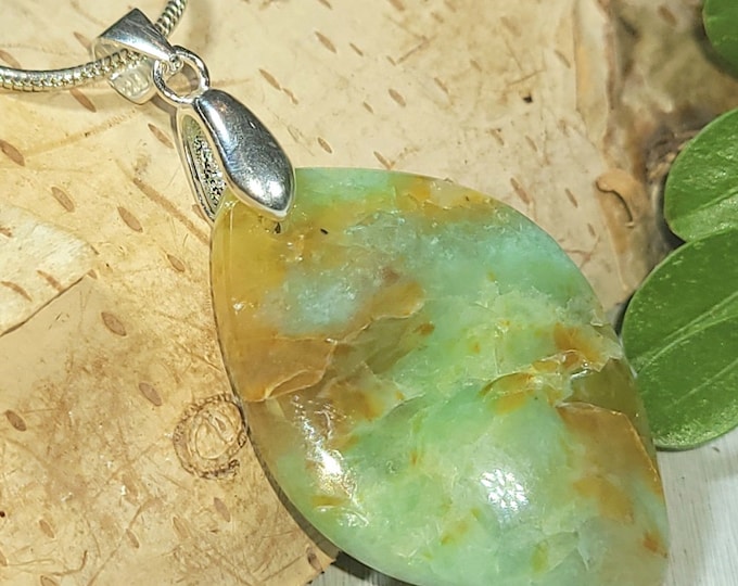 Natural Green Opalized Wood Cabochon Freeform Handmade .925 Sterling Silver Pendant 1 7/8" x 7/8" AR25 Custom Fit Sterling Silver Bail