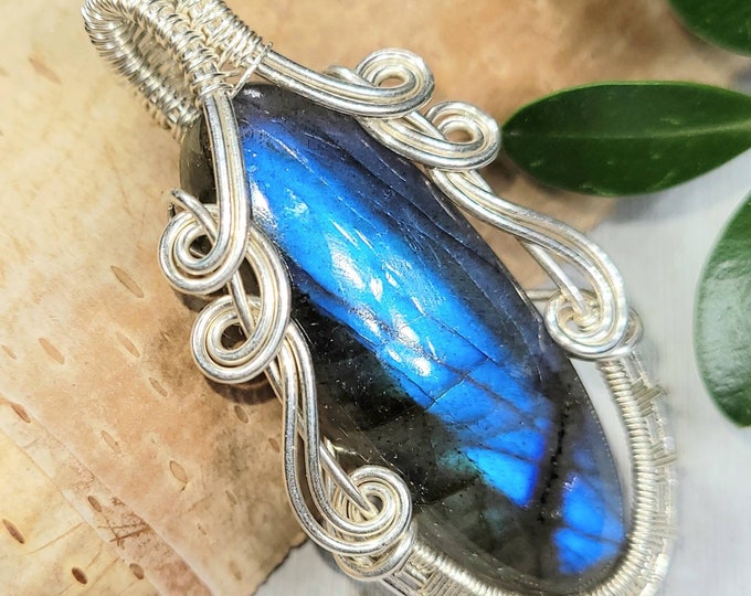 RESERVED Blue Labradorite Wrapped Pendant, Handmade Labradorite Pendant, Sterling Silver Labradorite Pendant,  .925 Wire Wrapped Pendant DU