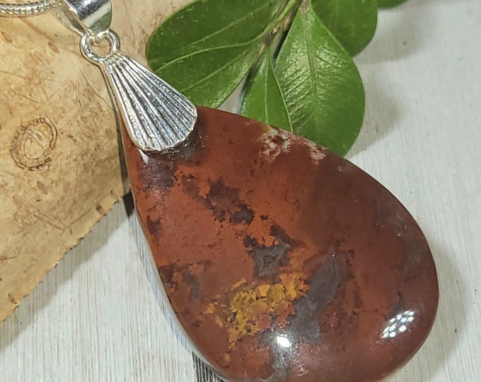 Natural Exquisite Plume Red Moss Agate Cabochon .925 Sterling Silver Pendant 1 13/16" x 7/8" AR23 Heavy Duty Sterling Silver Designer Bail