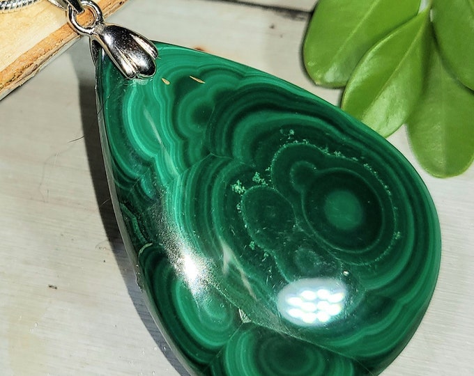 Natural AA Grade Malachite Pear Cabochon .925 Sterling Silver Pendant 1 7/8" x 1 1/8" EM21 Custom Sterling Silver Rhodium Plated Bail