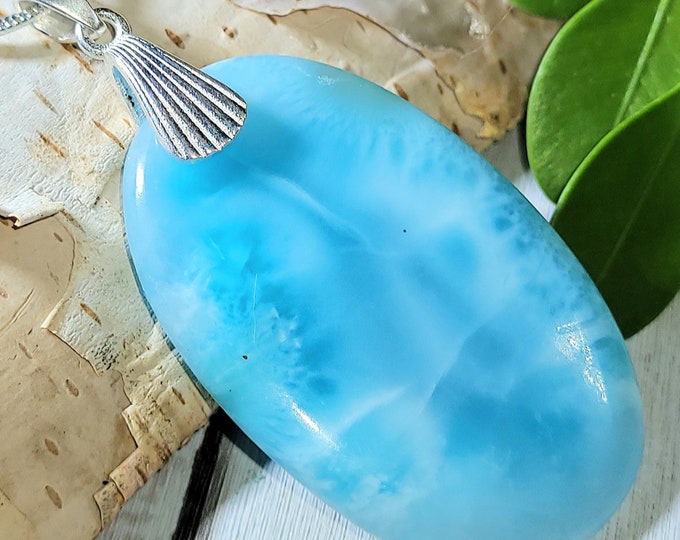 Natural AAA Larimar Cabochon & .925 Sterling Silver Pendant 2 1/8" x 1" weighs 12 grams ES04