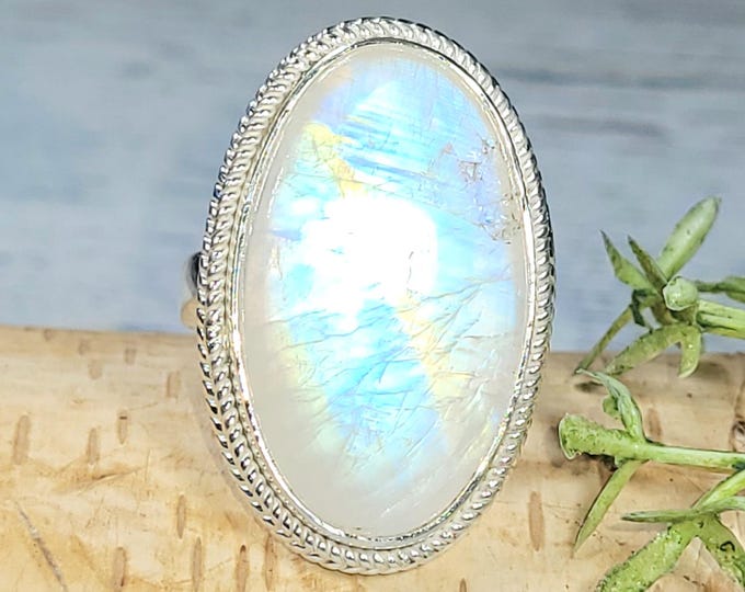 Rainbow Moonstone Ring, Moonstone Ring, Moonstone Sterling Silver Ring, Moonstone Ring Size 7.25, Statement Ring, Boho Ring, JB