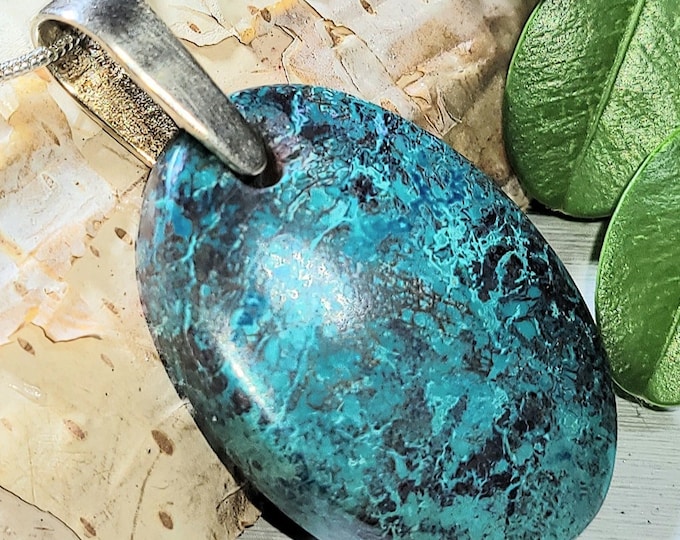 Natural Good Quality Chrysocolla Oval Cabochon .925 Sterling Silver Pendant M26 1 3/4" x 15/16" Heavy Duty Sterling Silver Bail
