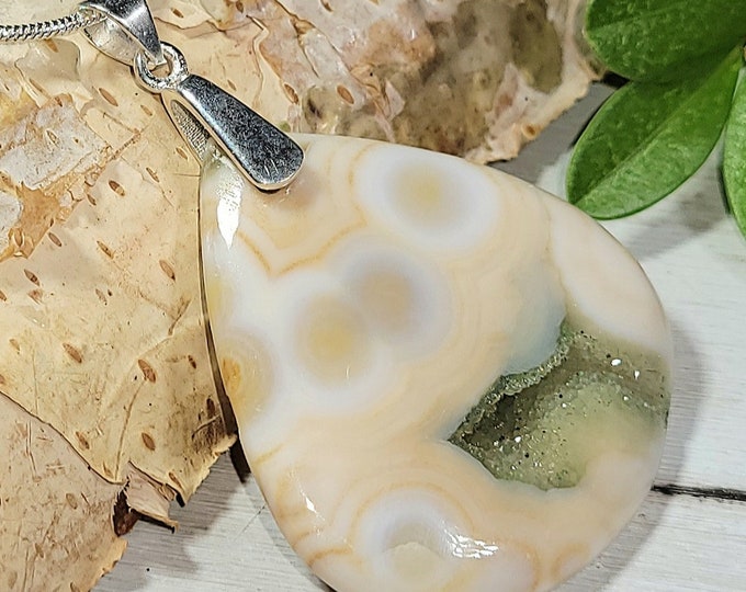 Natural High Grade Ocean Jasper Pocket Druzy Cabochon .925 Sterling Silver Pendant 2" x 1 5/16" EY11 Heavy Duty Sterling Silver Bail