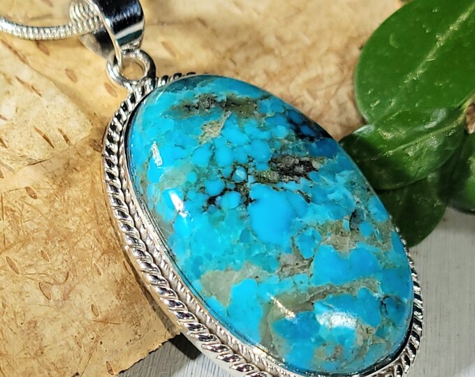 Natural High Grade Arizona Kingman Turquoise Oval Handmade .925 Sterling Silver Pendant 1 7/8" x 1" 12 grams CF28