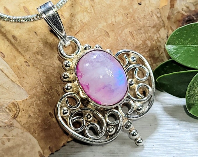 Natural Genuine Pink Moonstone Butterfly Handcrafted  .925 Sterling Silver Pendant 1 1/8" x 3/4" 3.4 Grams CK18 Gift for Her