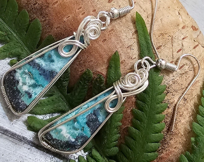 Blue Opalized Earrings, Opalized Sterling Silver Wire Wrapped Earrings, Petrified Wood Earrings, Hand Wrapped Earrings, Gift for Her FS16
