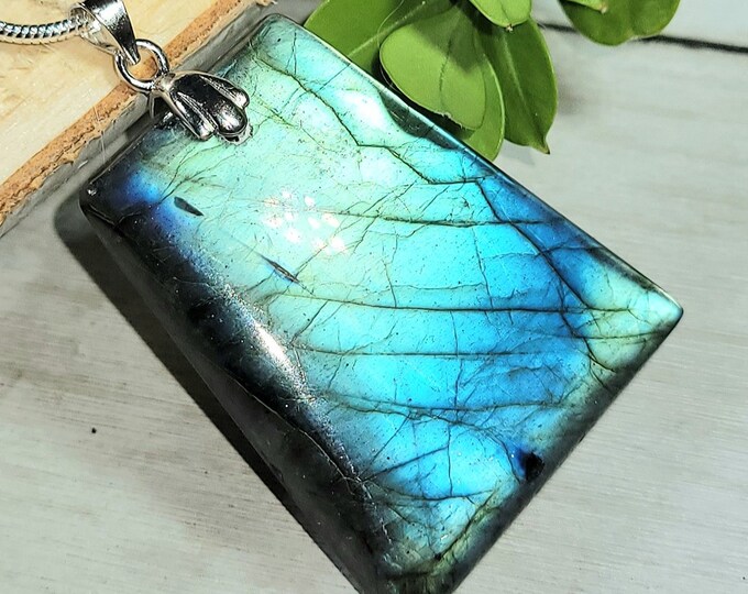 Natural Multi Flash Labradorite Freeform Cabochon .925 Sterling Silver Pendant  1 5/8" x 1 1/8" EM13 Custom Fit Bail