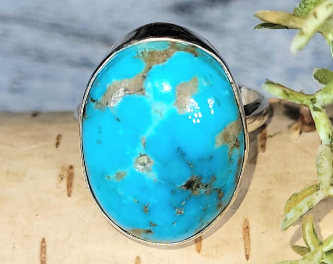 Arizona Turquoise Sterling Silver Ring Size 8, Oval Arizona Turquoise Ring; JS