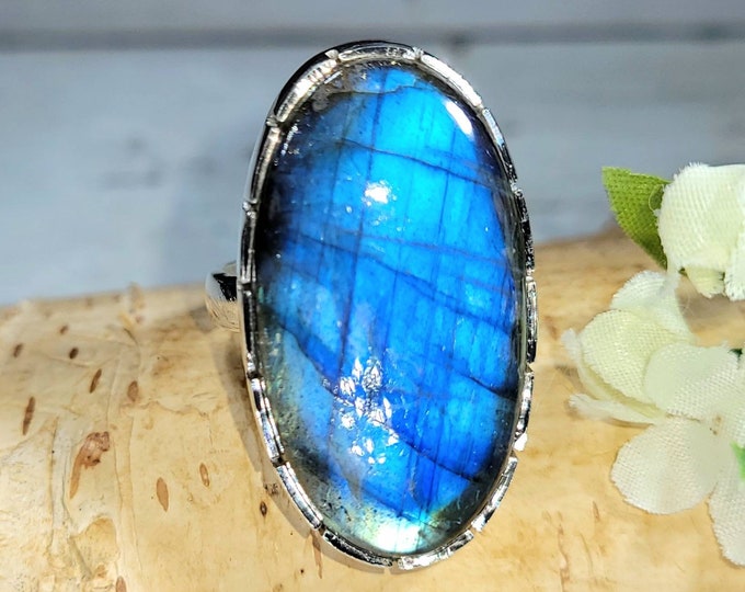 Labradorite Ring. Blue Labradorite Sterling Silver Ring Size 8.5 Handmade Ring, Statement Ring, Gift for Her DL