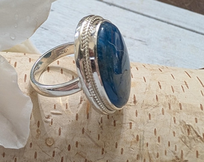 Handmade Apatite Sterling Silver Ring: Pear Boho Statement Ring, Size 6 1/4